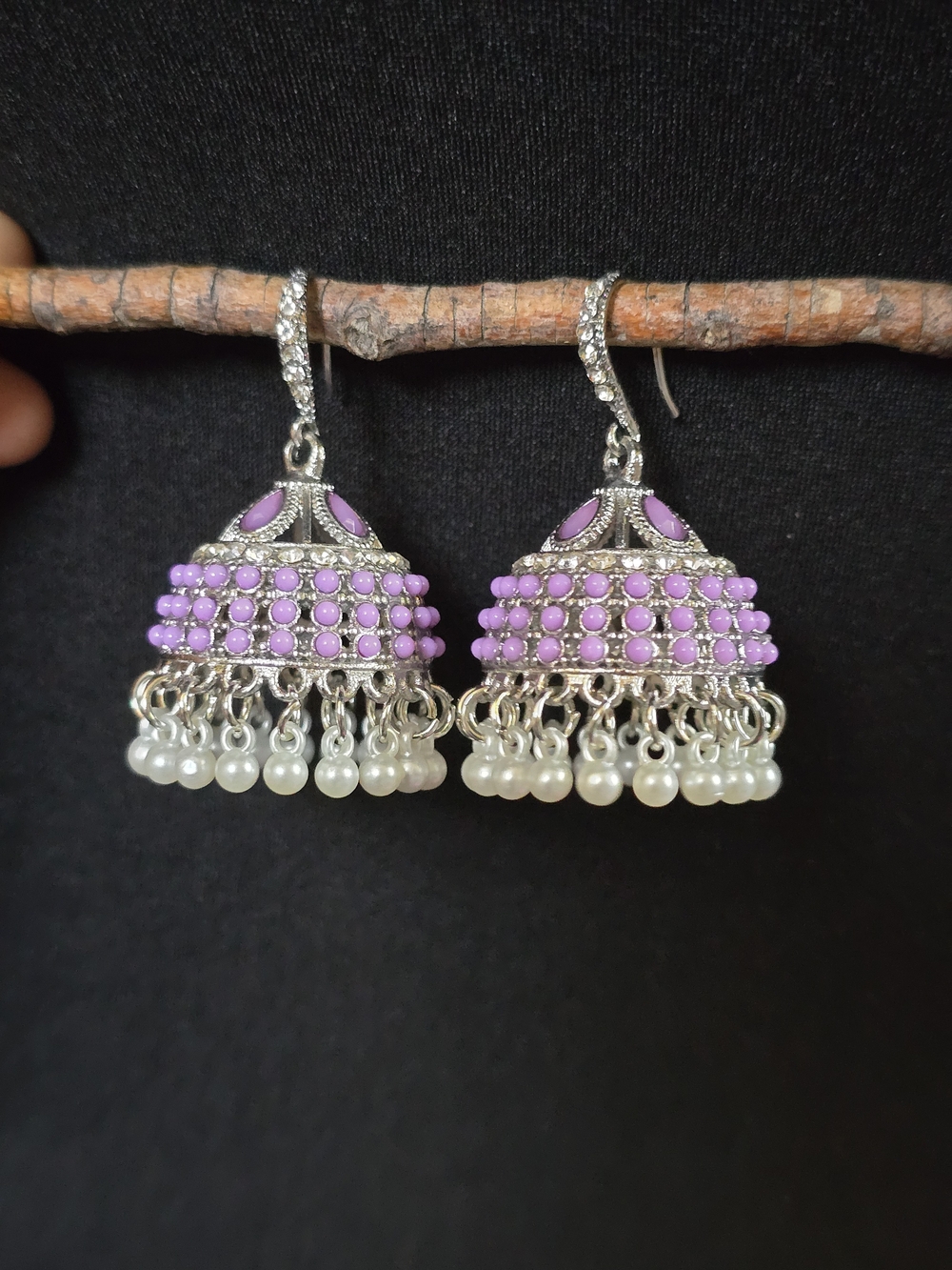 Silver-Tone Purple Beaded Jhumka Earrings with Pearl Drops